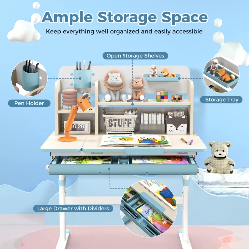 Gymax Kids Multifunctional Study Table Study Desk w/ Tiltable Desktop Book Stand