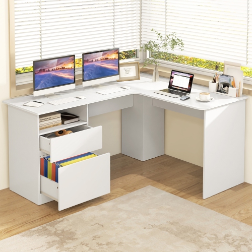 Gymax 59'' Corner Computer Desk L-Shaped Desk w/ Letter Size File Drawer & Open Shelf