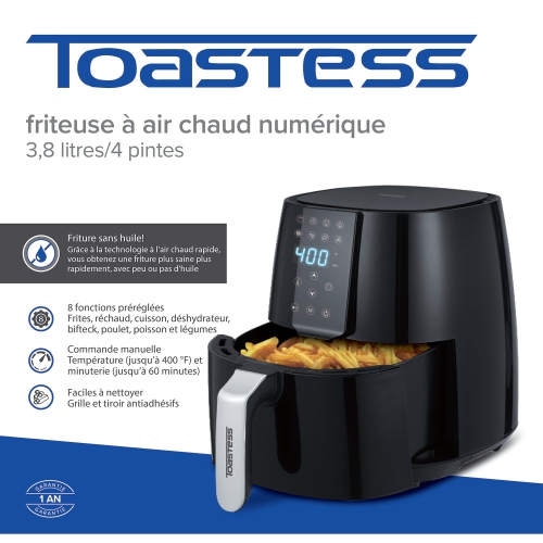Toastess - Digital Hot Air Fryer, 3.8 Liter Capacity, 8 Preset Functions, Black