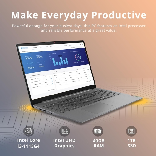 Lenovo IdeaPad 3i 15.6" FHD Touchscreen Laptop, Intel Gen 11th i3-1115G4, 1TB PCIe SSD, 40GB RAM, Intel UHD Graphics, HD Webcam, WiFi 6, Win 11 Pro,