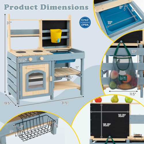 Costway 2-In-1 Outdoor Mud Kitchen with Faucet & Removable Sink Metal Baskets Storage Bag