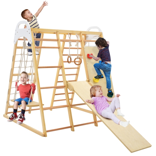 COSTWAY  8-In-1 Jungle Gym Playset, Wooden Climber Play Set With Monkey Bars