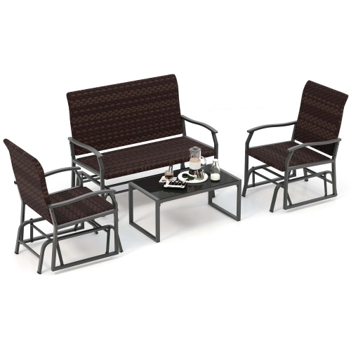 Costway 4 Piece Patio Gliding Set with Tempered Glass Coffee Table Quick Dry Foam Poolside All Weather