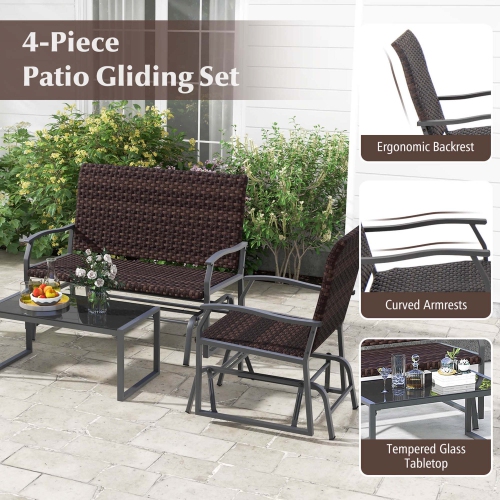 Costway 4 Piece Patio Gliding Set with Tempered Glass Coffee Table Quick Dry Foam Poolside All Weather
