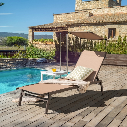 Costway 2 PCS Outdoor Chaise Lounge Chair with Sunshade 6-Level Adjustable Recliner