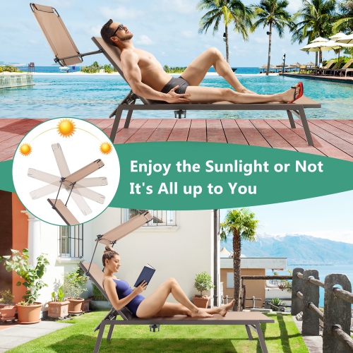 Costway 2 PCS Outdoor Chaise Lounge Chair with Sunshade 6-Level Adjustable Recliner