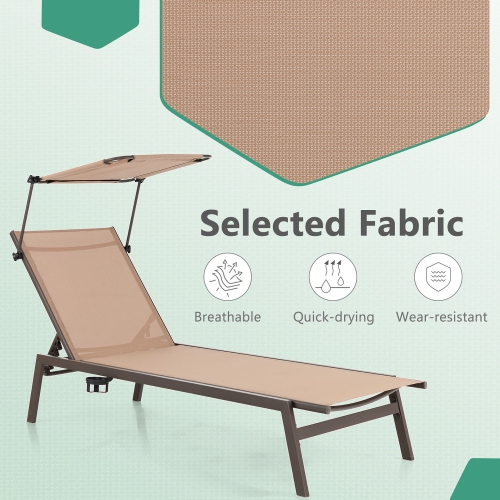 Costway 2 PCS Outdoor Chaise Lounge Chair with Sunshade 6-Level Adjustable Recliner