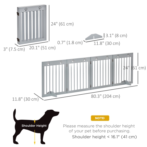PawHut Freestanding Pet Gate 4 Panel Wooden Dog Barrier Folding Safety Fence with Support Feet up to 80.25" Long 24" Tall for Doorway Stairs Light