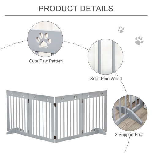 PawHut Freestanding Pet Gate 4 Panel Wooden Dog Barrier Folding Safety Fence with Support Feet up to 80.25" Long 24" Tall for Doorway Stairs Light