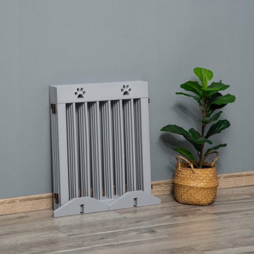 PawHut Freestanding Pet Gate 4 Panel Wooden Dog Barrier Folding Safety Fence with Support Feet up to 80.25" Long 24" Tall for Doorway Stairs Light