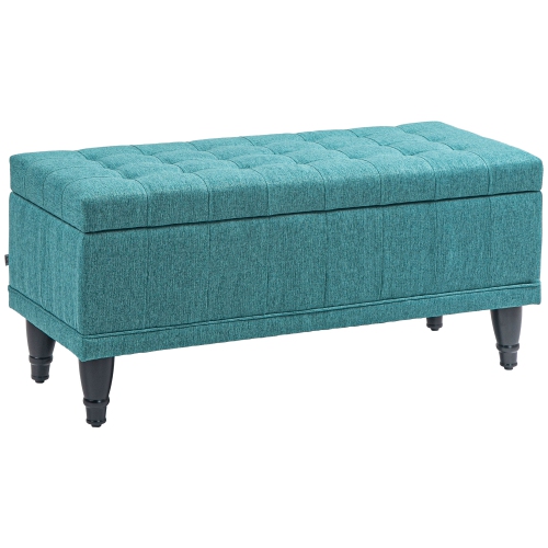 HOMCOM  Storage Ottoman, Linen Fabric End Of Bed Bench With Soft Close Lid, Button Tufted Storage Bench for Living Room, Entryway Or Bedroom In Green