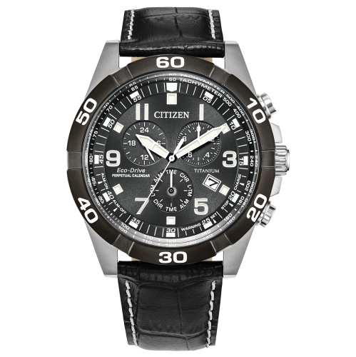 Citizen Mens Brycen Eco-Drive Watch 43mm Silver-Tone Super Titanium Case Black Leather Strap with Grey Dial