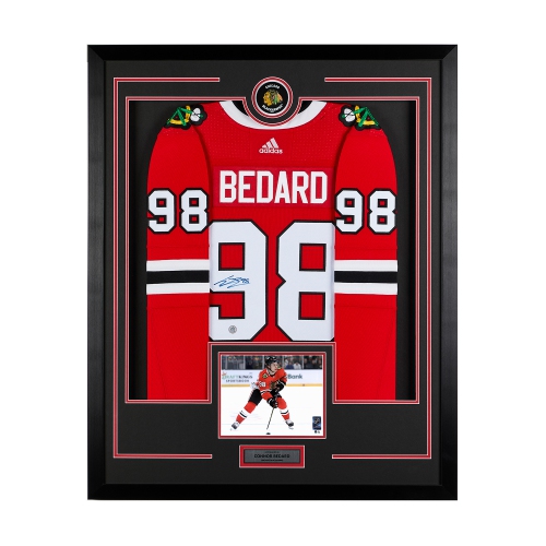 Connor Bedard Signed Chicago Hockey Puck Logo 36x44 Jersey Frame