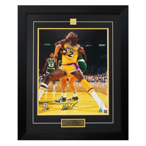 Magic Johnson Los Angeles Lakers Signed Battle vs Larry Bird 26x32 Frame