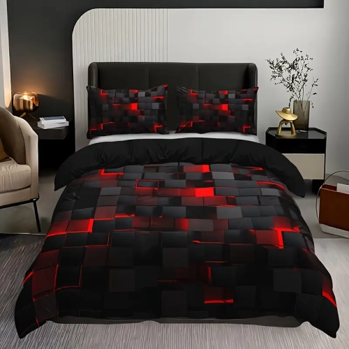 3pcs Ensemble housse de couette Red Volcano Grid pour grand lit | Literie confortable pour chambre à coucher et chambre d'invité
