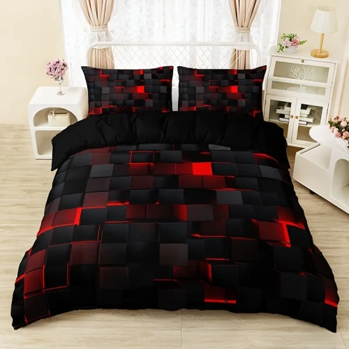 3pcs Ensemble housse de couette Red Volcano Grid pour grand lit | Literie confortable pour chambre à coucher et chambre d'invité