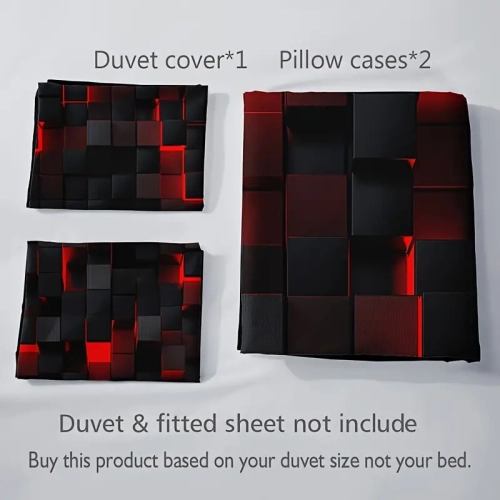 3pcs Ensemble housse de couette Red Volcano Grid pour grand lit | Literie confortable pour chambre à coucher et chambre d'invité
