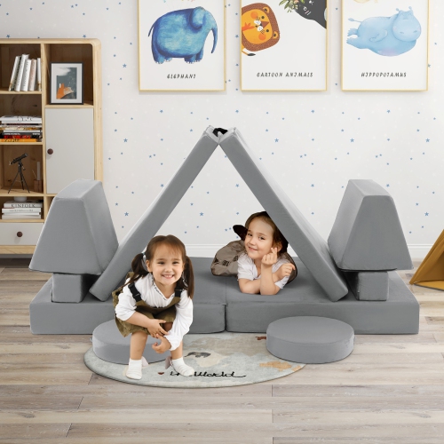 Ensemble de canapé modulaire convertible en mousse 10 pièces pour enfants de Costway - Bleu/gris/vert