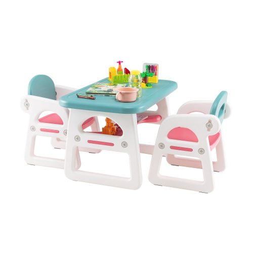 Costway 3-Piece Kids Table and Chair Set Toddler Activity Study Desk with Building Blocks