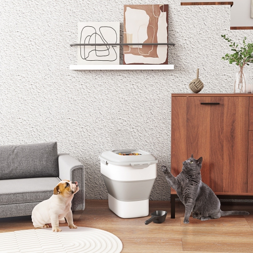 PawHut Dog Food Storage Container, 6-30lb Collapsible Foldable Pet Cat Dog Food Storage Bin with Airtight Lids, Rolling Wheels, Cup, Bowl, Spoon