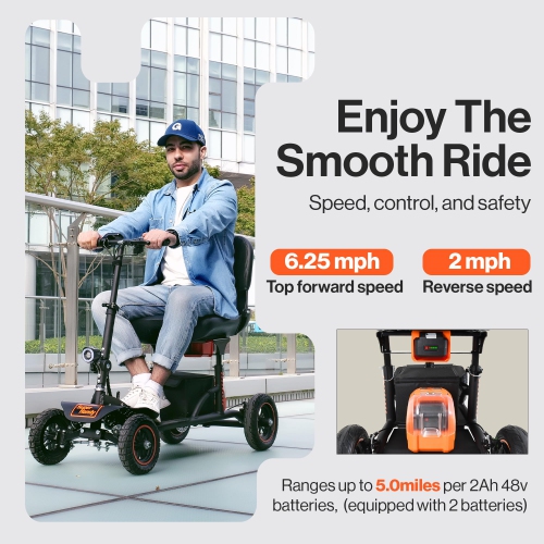 SuperHandy Mobility Scooter Explorer – 4 Wheels, 500W Brushless Motor, 48V-2Ah/4Ah Battery, 350LBS Capacity, 6.25mph Top Speed, Lightweight Aluminum