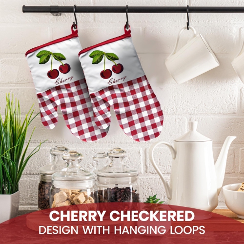Canadian Linen Oven Mitts, 180°C Heat Resistant Cotton Non Slip Machine Washable Oven Gloves for Kitchen, Cooking BBQ Grilling, Red Checkered Contrast