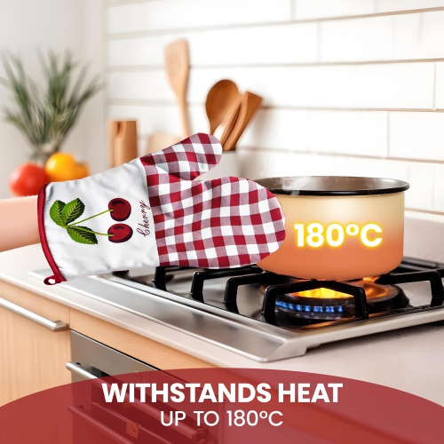 Canadian Linen Oven Mitts, 180°C Heat Resistant Cotton Non Slip Machine Washable Oven Gloves for Kitchen, Cooking BBQ Grilling, Red Checkered Contrast