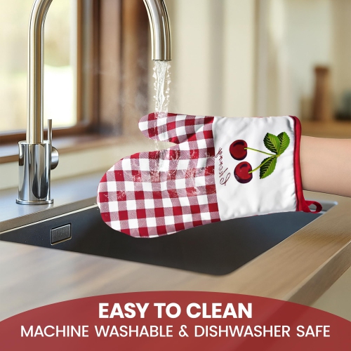 Canadian Linen Oven Mitts, 180°C Heat Resistant Cotton Non Slip Machine Washable Oven Gloves for Kitchen, Cooking BBQ Grilling, Red Checkered Contrast