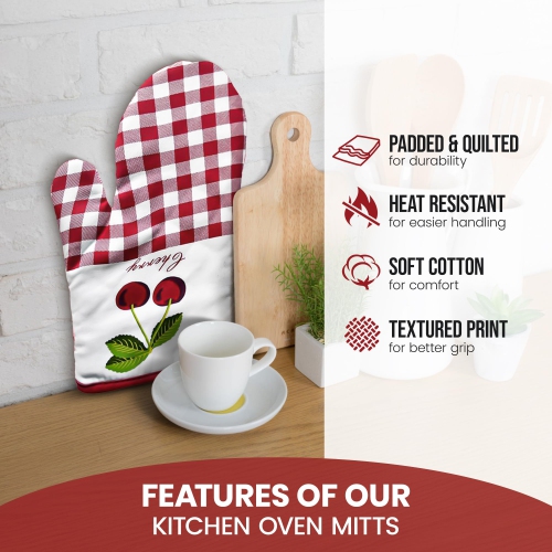 Canadian Linen Oven Mitts, 180°C Heat Resistant Cotton Non Slip Machine Washable Oven Gloves for Kitchen, Cooking BBQ Grilling, Red Checkered Contrast