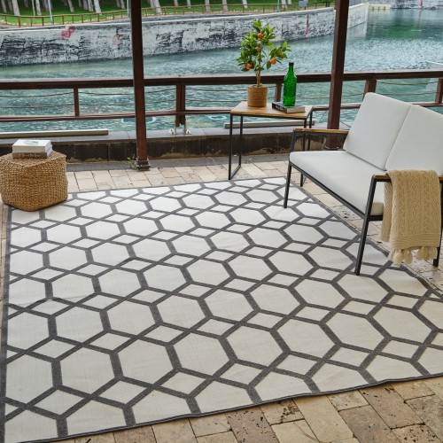 Rug Branch Alfombra Geometric Abstract Indoor Outdoor Area Rug, Grey Beige