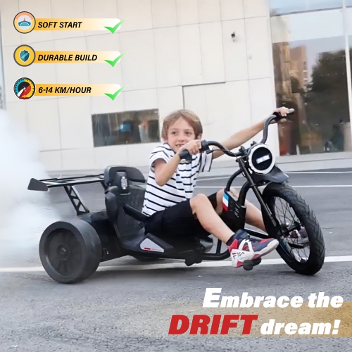 Voltz Toys Electric Drift Trike, 24V Drifter with 3-Wheels Outdoor Ride-on Car for Kids, Battery Powered Electric Vehicle with LED Lights and 16' Air