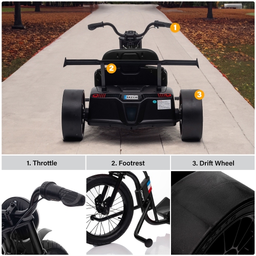 Voltz Toys Electric Drift Trike, 24V Drifter with 3-Wheels Outdoor Ride-on Car for Kids, Battery Powered Electric Vehicle with LED Lights and 16' Air