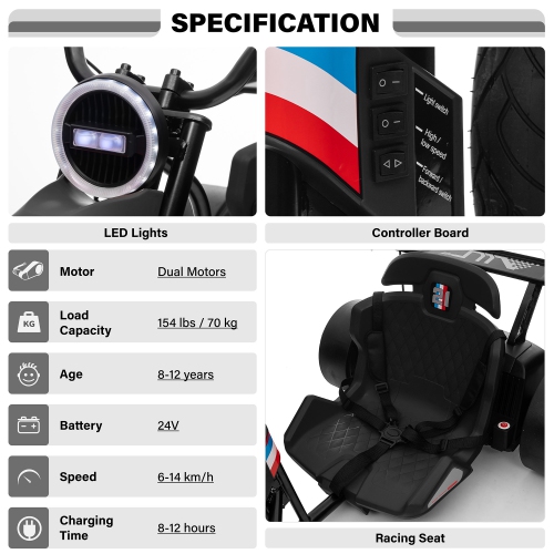 Voltz Toys Electric Drift Trike, 24V Drifter with 3-Wheels Outdoor Ride-on Car for Kids, Battery Powered Electric Vehicle with LED Lights and 16' Air