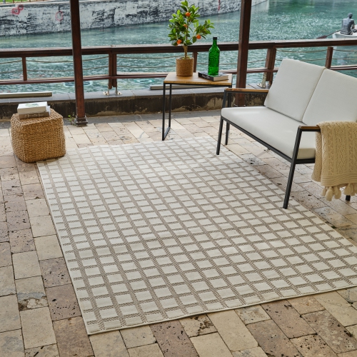 Rug Branch Maise Modern Checkered Indoor Outdoor Area Rug, Beige Cream