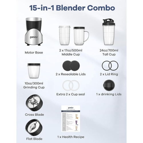 Ganiza 30.3 x 27 x 14.1 cm Smoothie Blender Ganiza Smoothies with 15 Piece Blender and Grinder Combo 4 BPA Free Personal Blender Cups Black
