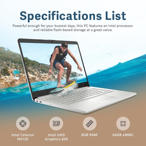 HP Premium 14" Stream HD Laptop, Intel Celeron N4120, 64GB eMMC, 8GB RAM, HD Webcam, UHD Graphics, Bluetooth, 1 Year Office 365, Win 11s, Silver,
