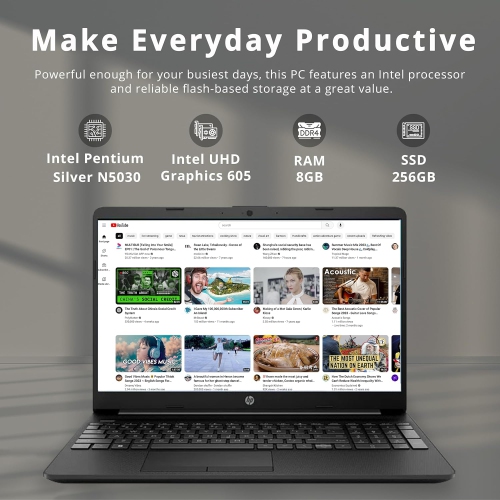 HP 15.6" HD Student Laptop, Intel Pentium Silver N5030, 256GB SSD, 8GB RAM, Intel UHD Graphics, HD Webcam, Numpad, Wi-Fi 5, 1 Year Office 365, Win