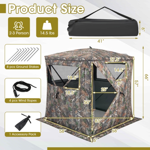 Costway Hunting Blind Portable Pop Up Ground Tent 2-3 Person with Carry Bag Storage Pocket