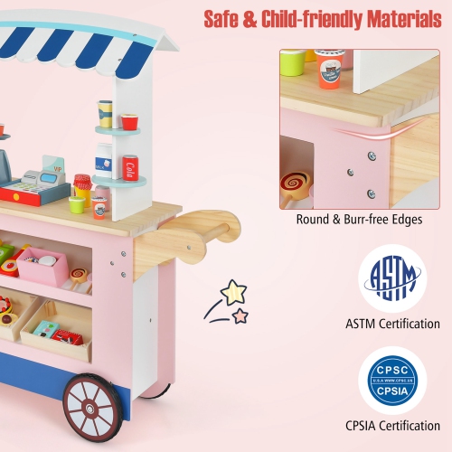 Chariot de jeu pour enfants Snacks & Sweets Food Cart de Costway avec 30 accessoires PCS Rose/Vert/Gris