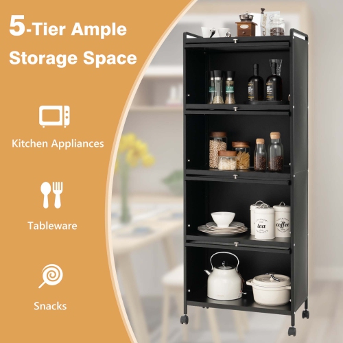 Costway 5-Tier Kitchen Baker's Rack Storage Cabinet Mobile Microwave Stand Flip-up Doors