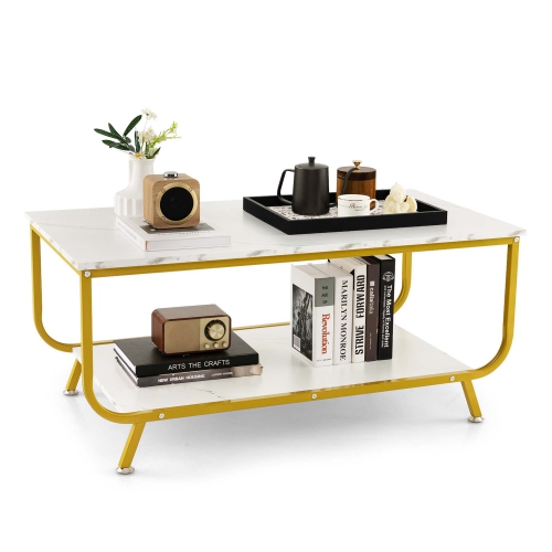 COSTWAY  Coffee Table 2-Tier Modern Marble Coffee Table With Storage Shelf for Living Room