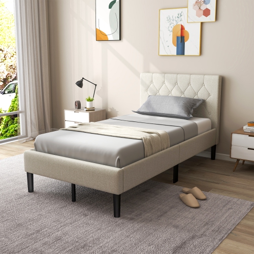 COSTWAY  Upholstered Platform Bed Twin Size Button Tufted Headboard Wooden Slats Support