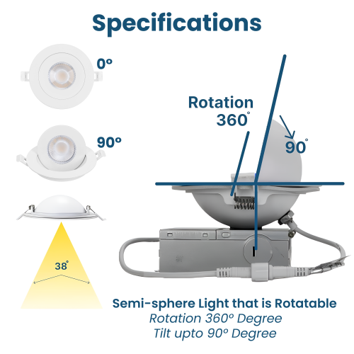 Luminaire encastrée à cardan mince DEL de 4 po avec boîte de jonction, 9 W 850LM à intensité réglable, plafonnier à DEL humide, 5CCT couleur
