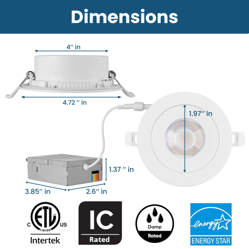 Luminaire encastrée à cardan mince DEL de 4 po avec boîte de jonction, 9 W 850LM à intensité réglable, plafonnier à DEL humide, 5CCT couleur
