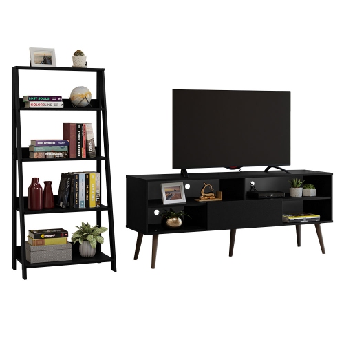 Madesa 2-Piece TV Stand and Ladder Shelf Set: 59" Entertainment Center with Cable Management + 24" 5-Tier Ladder Shelf for Storage, Office, Living