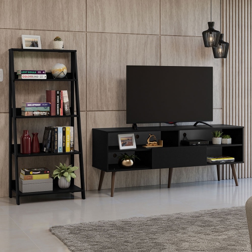 Madesa 2-Piece TV Stand and Ladder Shelf Set: 59" Entertainment Center with Cable Management + 24" 5-Tier Ladder Shelf for Storage, Office, Living