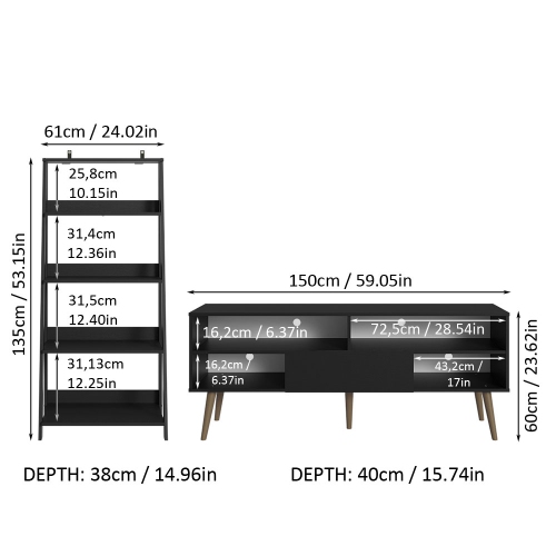 Madesa 2-Piece TV Stand and Ladder Shelf Set: 59" Entertainment Center with Cable Management + 24" 5-Tier Ladder Shelf for Storage, Office, Living
