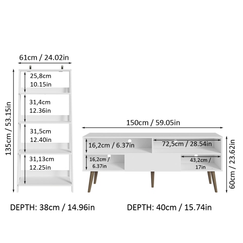 Madesa 2-Piece TV Stand and Ladder Shelf Set: 59" Entertainment Center with Cable Management + 24" 5-Tier Ladder Shelf for Storage, Office, Living