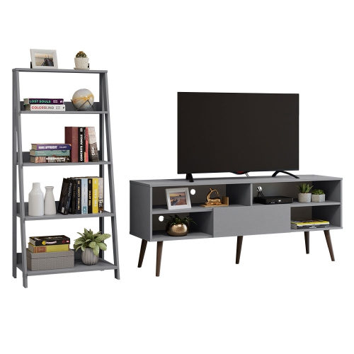 Madesa 2-Piece TV Stand and Ladder Shelf Set: 59" Entertainment Center with Cable Management + 24" 5-Tier Ladder Shelf for Storage, Office, Living