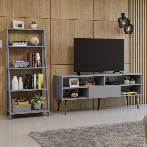 Madesa 2-Piece TV Stand and Ladder Shelf Set: 59" Entertainment Center with Cable Management + 24" 5-Tier Ladder Shelf for Storage, Office, Living